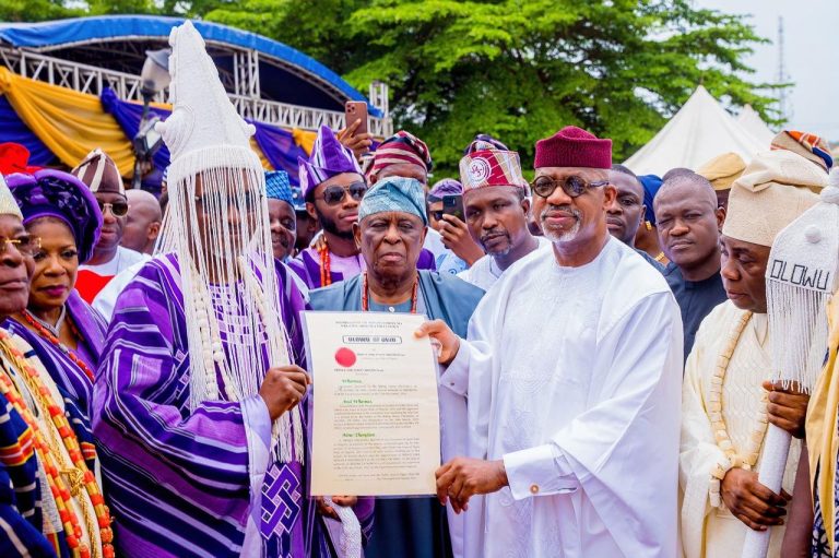 OGUN NEW KING: Abiodun Presents Staff Of Office To 14th Olowu Of Owu, Tasks Him On Development Of Domain