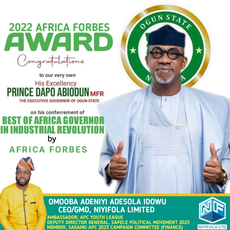 2022 AFRICA FORBES AWARD’S: Omooba Congratulates Prince Dapo Abiodun, For Winning The Best Of Africa Governor In Industrial Revolution Award