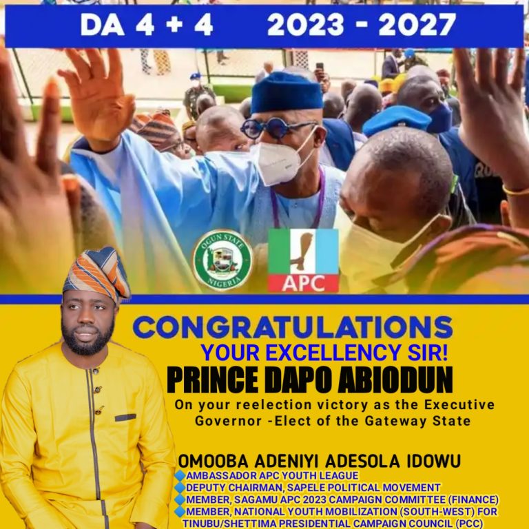 OGUN 2023: Niyifola Congratulates Governor Dapo Abiodun, Sapele And Other APC Assembly Candidates For Their Victory At The Poll