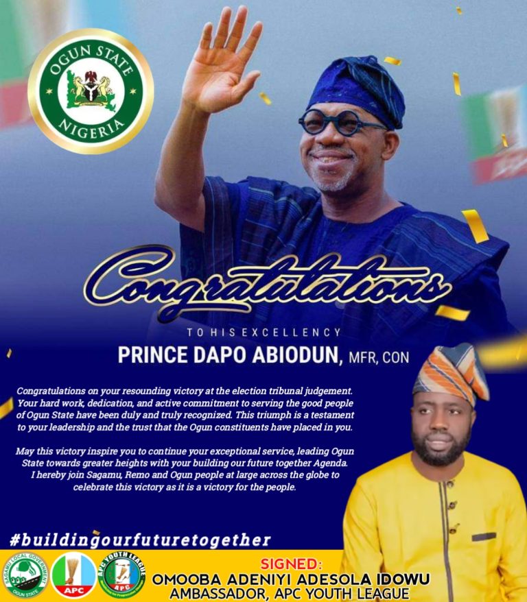 OGUN ELECTION TRIBUNAL JUDGEMENT: Niyifola Congratulates Governor Dapo Abiodun On Tribunal Victory, Urge Opposition’s Party Candidate To Accept Defeat, For A Greater Ogun State