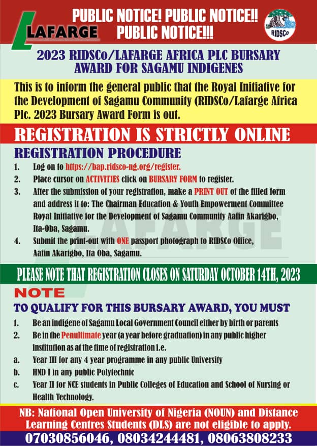 BREAKING NEWS: RIDSCo/Lafarge Opens Bursary Award Registration Portal For Sagamu Indigenous Students In Higher Institution