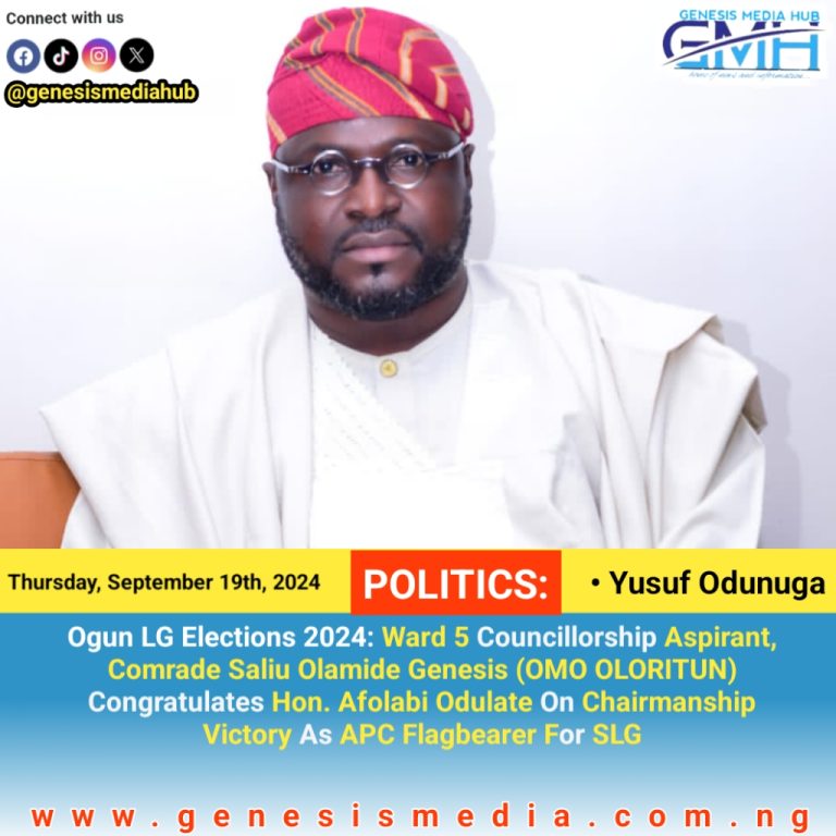 Ogun LG Elections: Ward 5 Councillorship Aspirant, Comrade Saliu Olamide Genesis (OMO OLORITUN) Congratulates Hon. Afolabi Odulate On Victory As APC Chairmanship Flagbearer For SLG